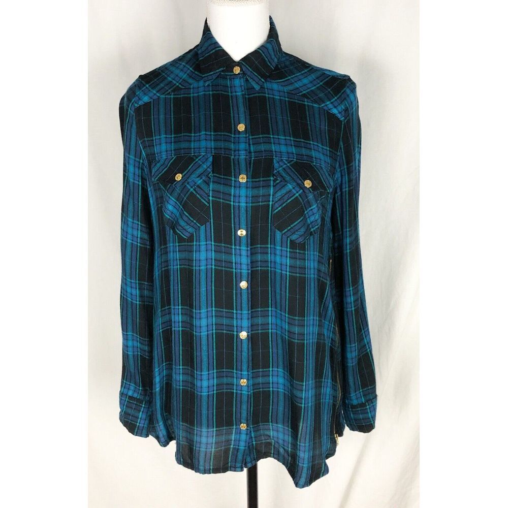 True Religion Women's Long Sleeve Shirt Blue And Black Buffalo Check Size‎ XS/TP